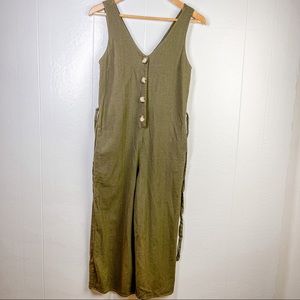 Monteau Olive Green Wide Leg Linen Loose Fit Romper XS